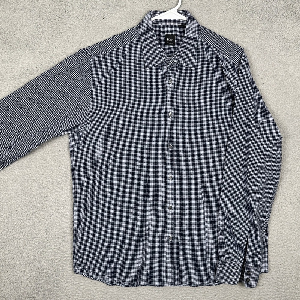 BOSS Hugo Boss Shirt Mens XL Regular Fit Navy White Micro Check Button Down EUC